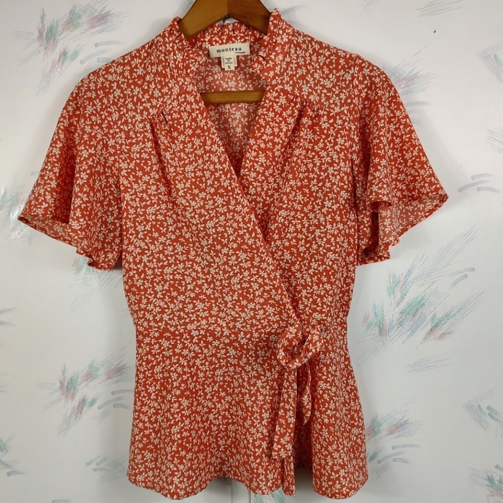 Monteau Orange Floral Print Blouse - Picture 1 of 10